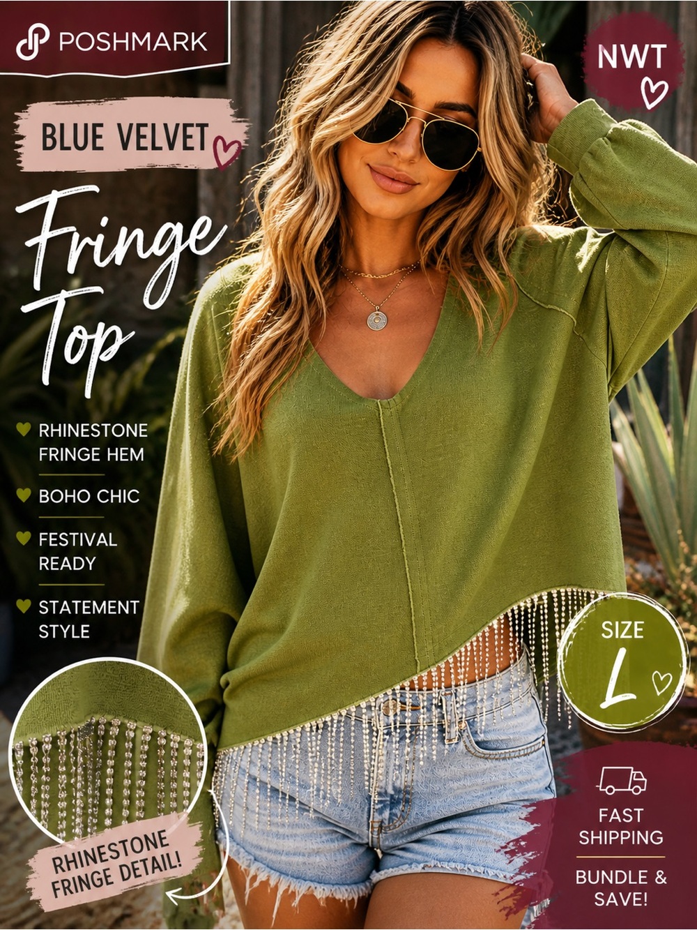 Blue Velvet Olive Rhinestone Fringe Top Boho Festival L NWT